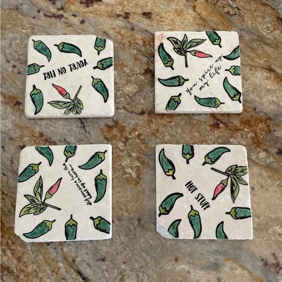 Handmade by me. Set of Decorative Stone Coasters with Green and Pink Peppers - Picture 1 of 6
